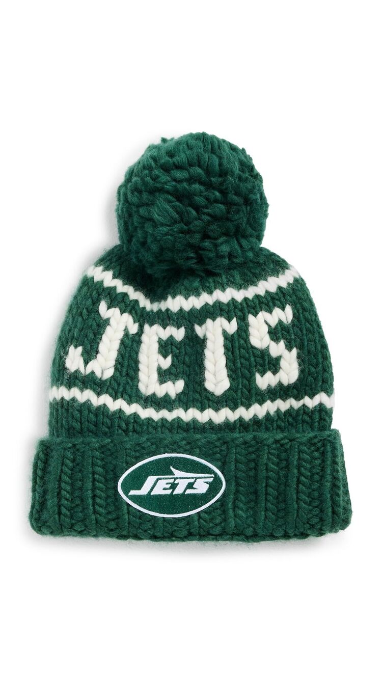 7667 Green Jets Beanie with Yarn Pom Pom, Green, One Size
